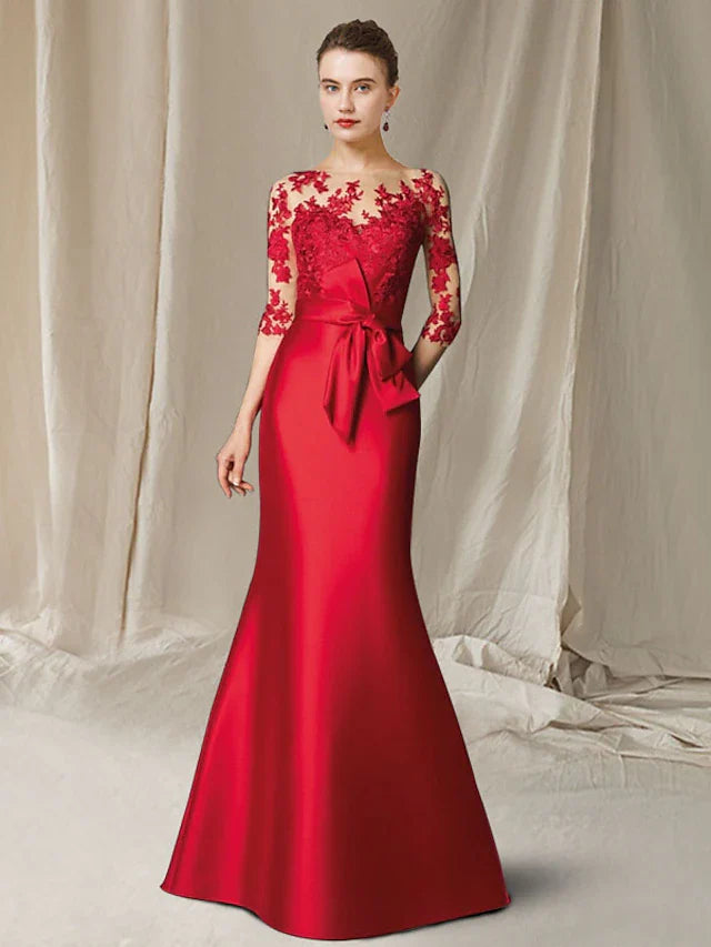Wholesale Mermaid / Trumpet Mother of the Bride Dress Plus Size Elegant Jewel Neck Floor Length Satin Lace Half Sleeve with Bow(s) Appliques